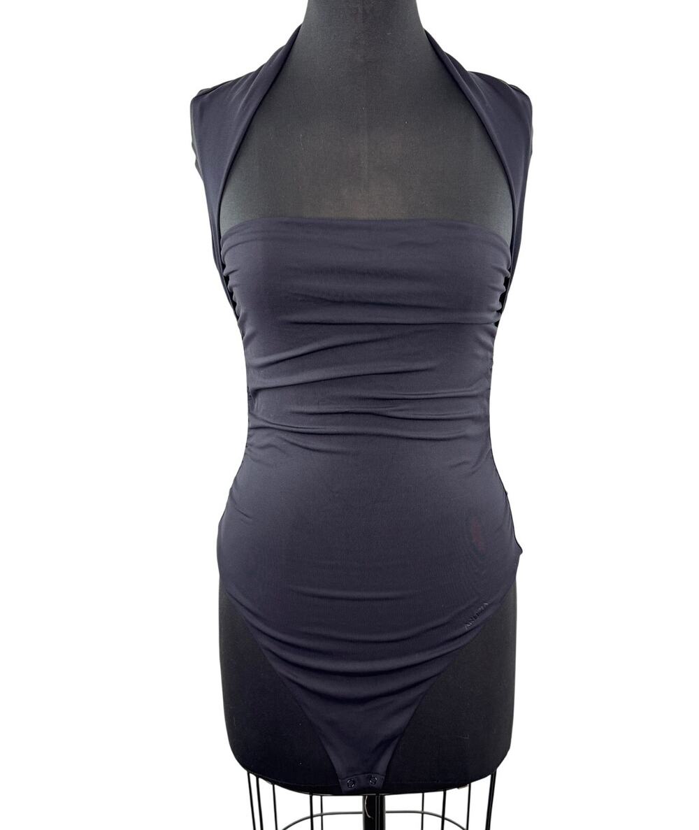 Contour Aritzia Black Bodysuit Square Neck Double-Layer Side Ruching SZ Large L